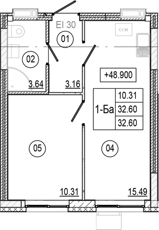 Планировка — Progress Академический, 2-комн., 33 м²