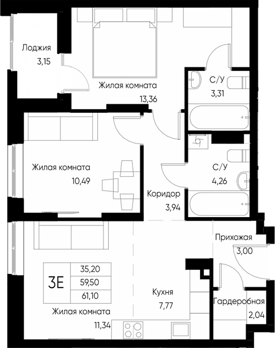 Планировка — Васильевский остров, 3-комн., 60 м²