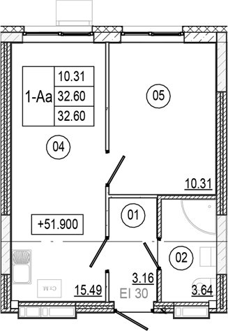 Планировка — Progress Академический, 2-комн., 33 м²