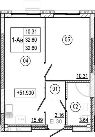 Планировка — Progress Академический, 2-комн., 33 м²