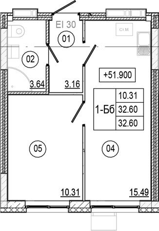 Планировка — Progress Академический, 2-комн., 33 м²