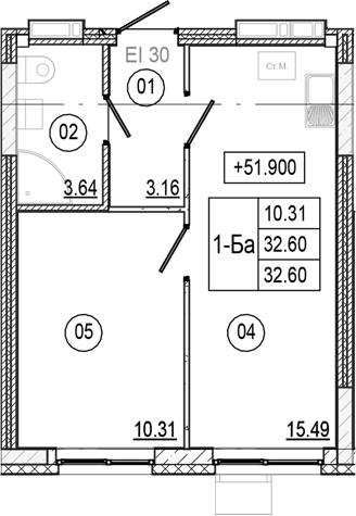 Планировка — Progress Академический, 2-комн., 33 м²
