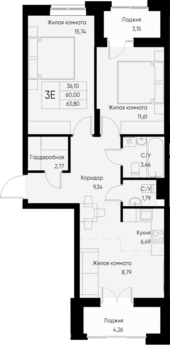 Планировка — Васильевский остров, 3-комн., 60 м²