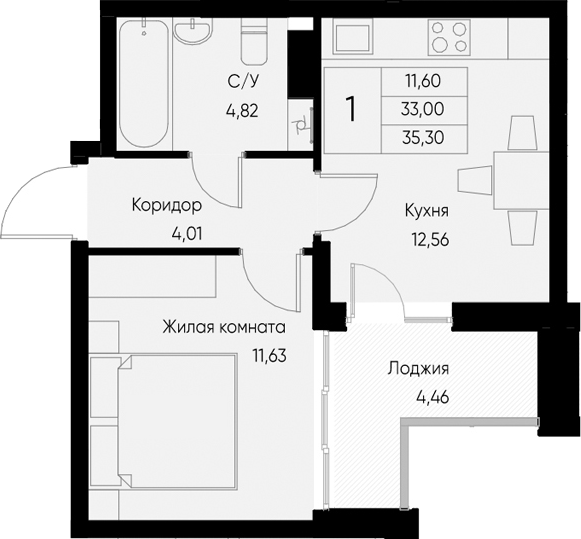 Планировка — Васильевский остров, 1-комн., 33 м²
