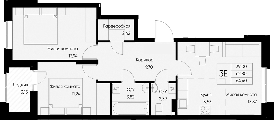 Планировка — Васильевский остров, 3-комн., 63 м²