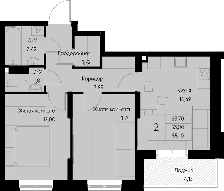 Планировка — Васильевский остров, 2-комн., 53 м²
