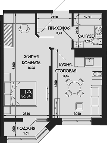 Планировка — Вершины. ГК Смена, 1-комн., 35 м²