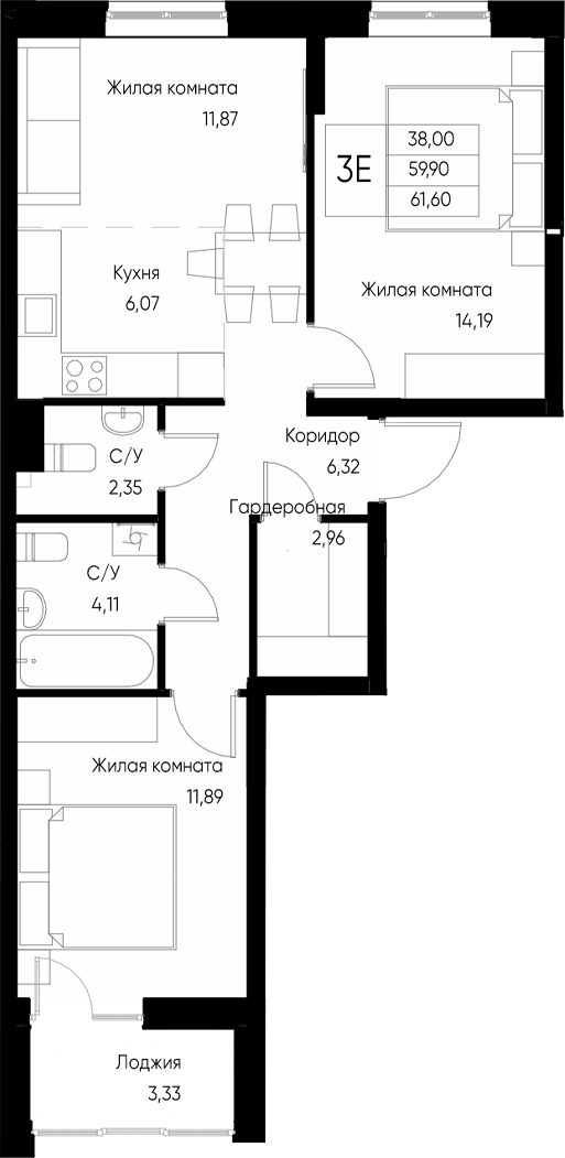 Планировка — Васильевский остров, 3-комн., 60 м²