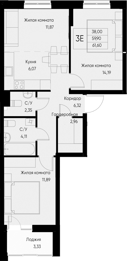 Планировка — Васильевский остров, 3-комн., 60 м²