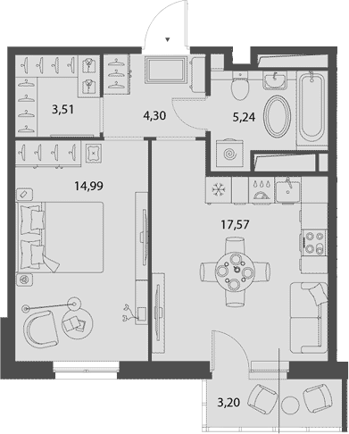 Планировка — Rauta, 2-комн., 43 м²