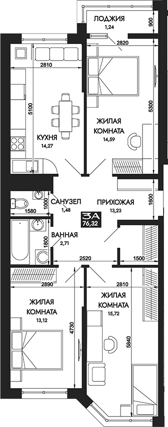 Планировка — Вершины. ГК Смена, 3-комн., 75 м²