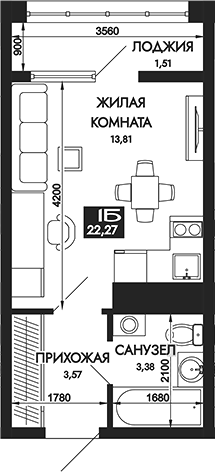 Планировка — Вершины. ГК Смена, Студия, 21 м²