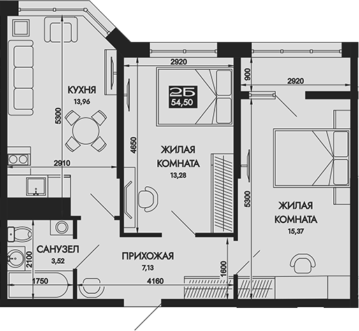 Планировка — Вершины. ГК Смена, 2-комн., 55 м²