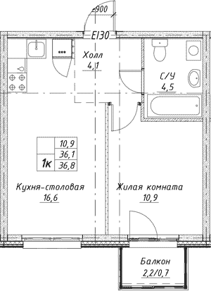 Планировка — Исеть парк, 1-комн., 36 м²