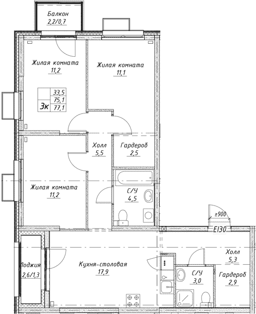 Планировка — Исеть парк, 3-комн., 75 м²