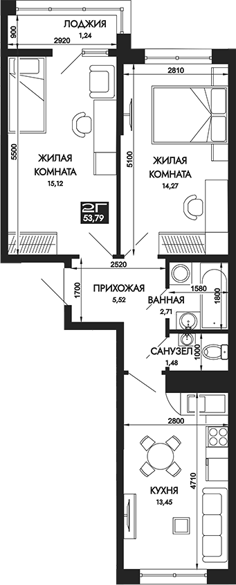 Планировка — Вершины. ГК Смена, 2-комн., 53 м²