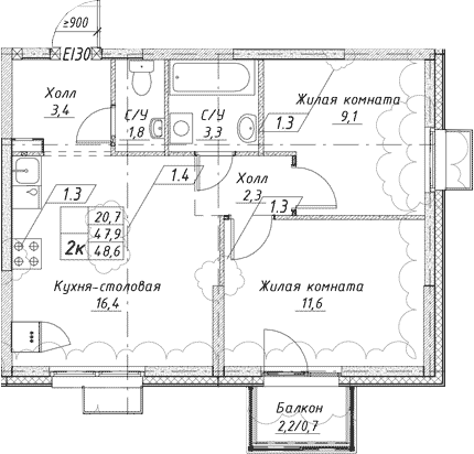 Планировка — Исеть парк, 2-комн., 47 м²