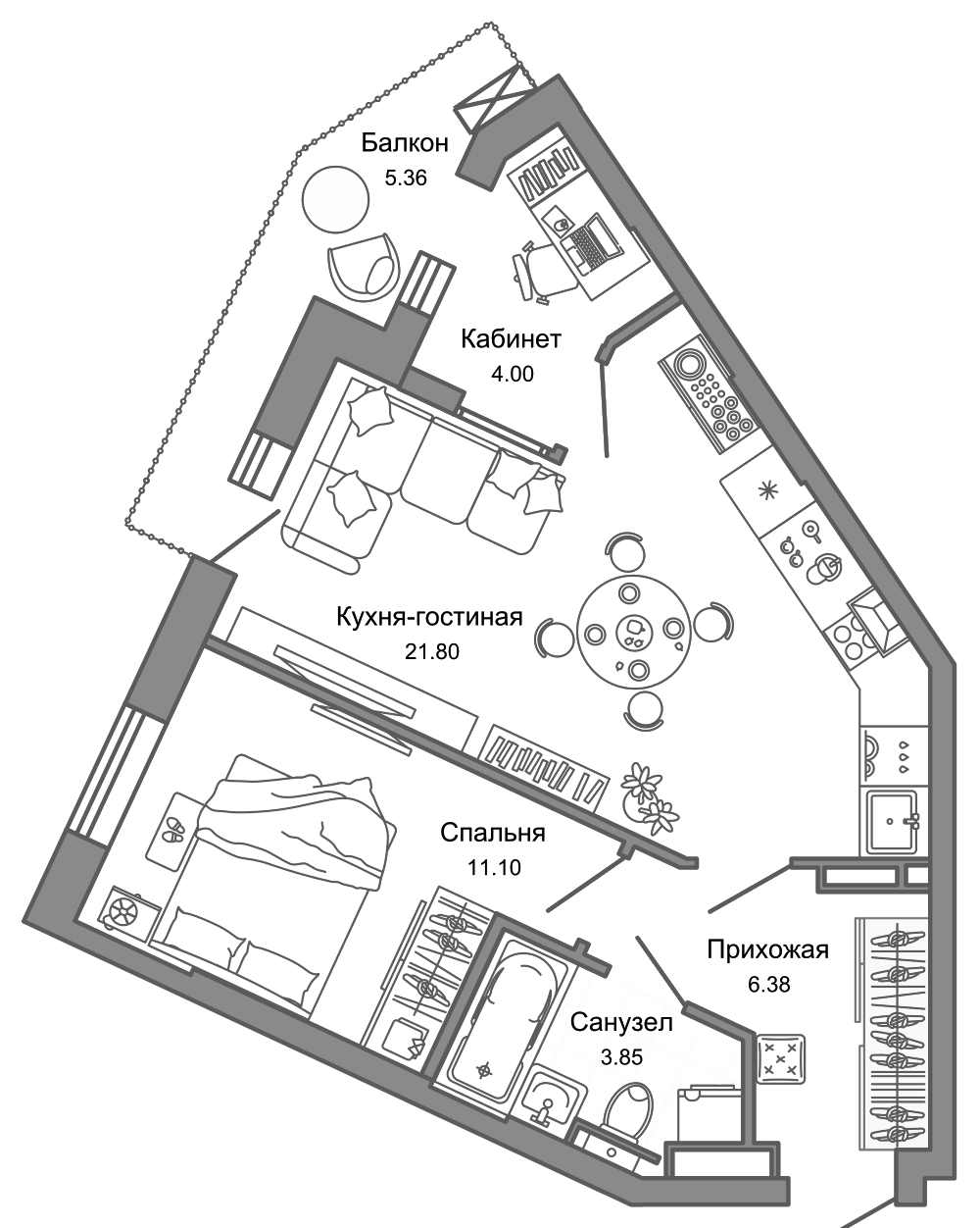 Планировка — Лес, 2-комн., 47 м²