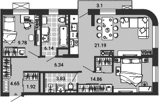 Планировка — Лес, 3-комн., 69 м²