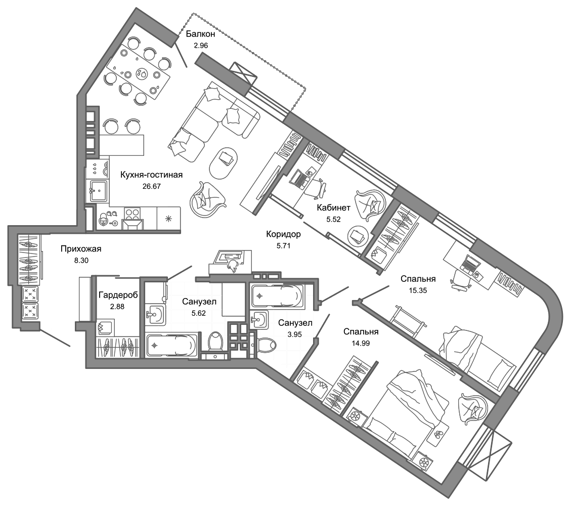 Планировка — Лес, 3-комн., 89 м²