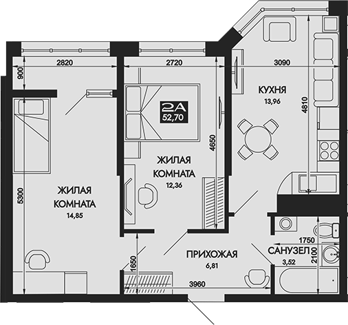 Планировка — Вершины. ГК Смена, 2-комн., 53 м²