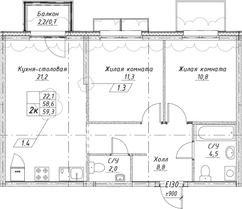 Планировка — Исеть парк, 2-комн., 59 м²