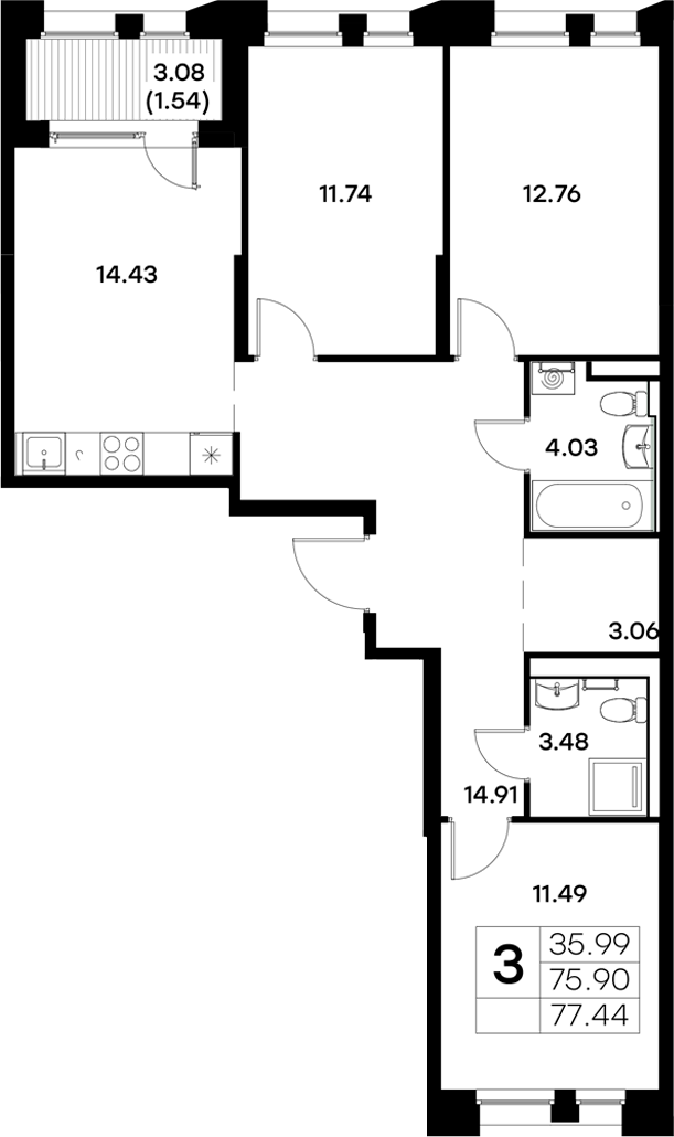 Планировка — Московский, 3-комн., 76 м²