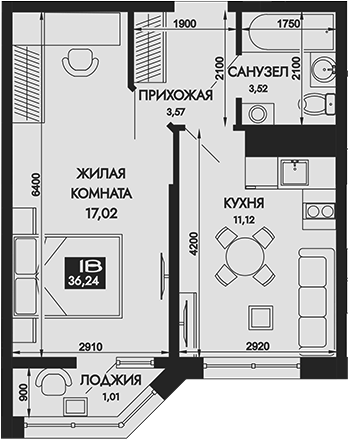 Планировка — Вершины. ГК Смена, 1-комн., 35 м²