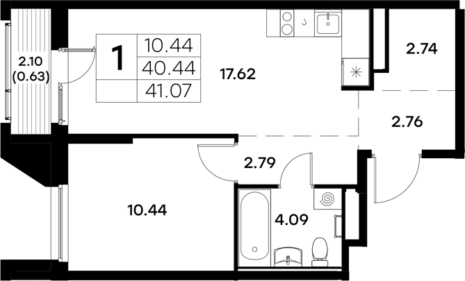 Планировка — Московский, 1-комн., 40 м²