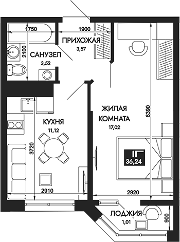 Планировка — Вершины. ГК Смена, 1-комн., 35 м²