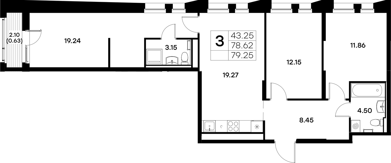 Планировка — Московский, 3-комн., 79 м²
