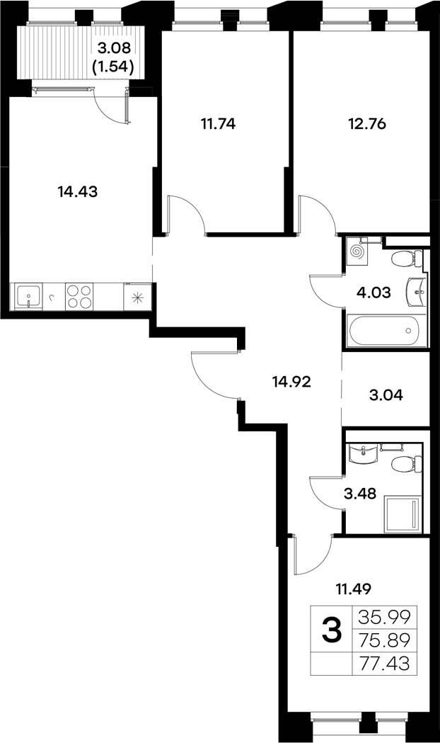 Планировка — Московский, 3-комн., 76 м²