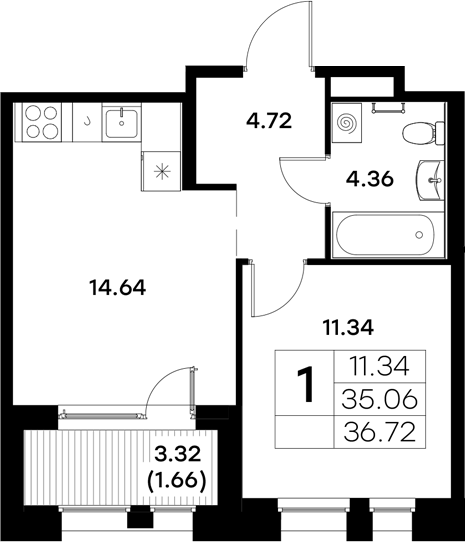 Планировка — Московский, 1-комн., 35 м²