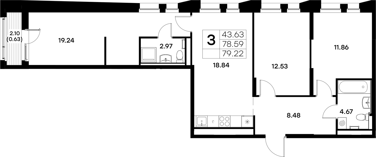 Планировка — Московский, 3-комн., 79 м²