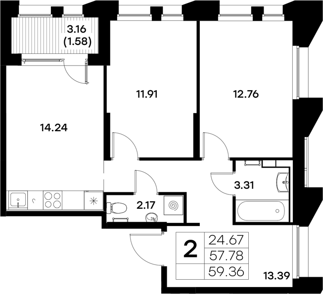 Планировка — Московский, 2-комн., 58 м²