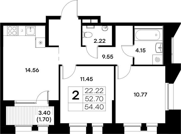 Планировка — Московский, 2-комн., 53 м²