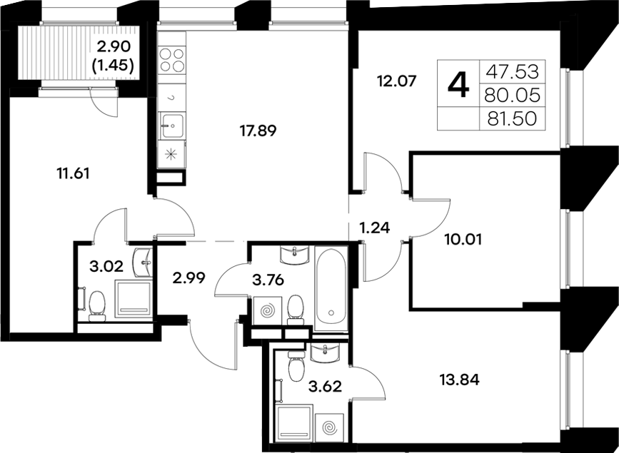 Планировка — Московский, 4-комн., 80 м²
