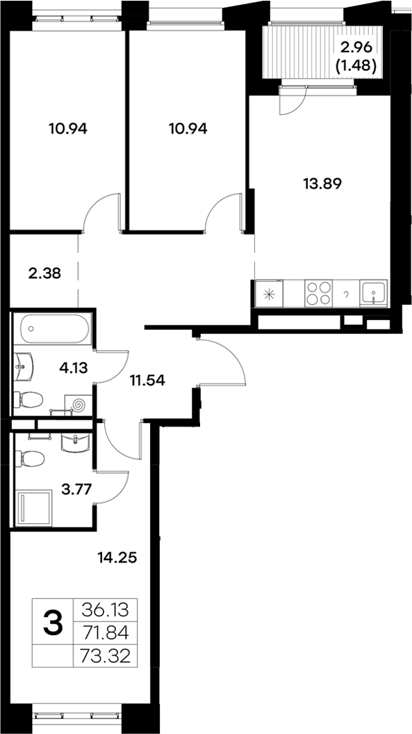 Планировка — Московский, 3-комн., 72 м²