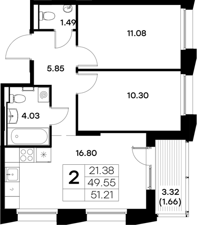 Планировка — Московский, 2-комн., 50 м²