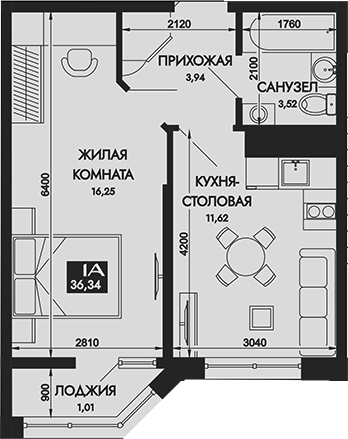 Планировка — Вершины. ГК Смена, 1-комн., 35 м²