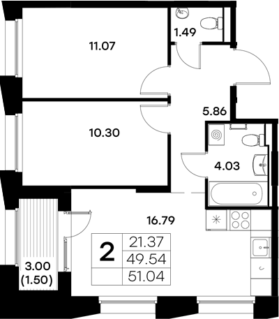 Планировка — Московский, 2-комн., 50 м²