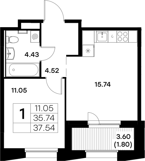 Планировка — Московский, 1-комн., 36 м²