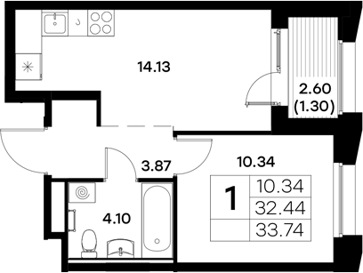 Планировка — Московский, 1-комн., 32 м²