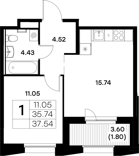 Планировка — Московский, 1-комн., 36 м²
