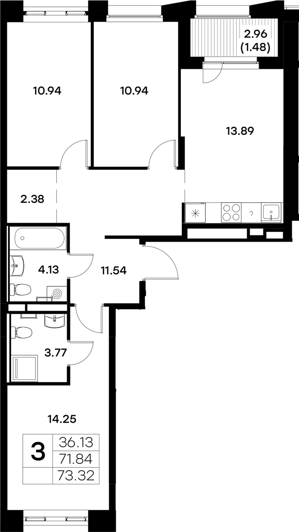 Планировка — Московский, 3-комн., 72 м²