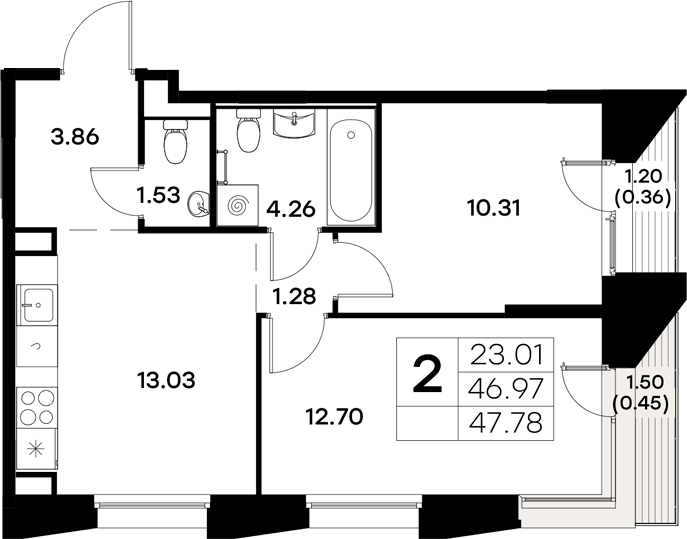 Планировка — Московский, 2-комн., 47 м²