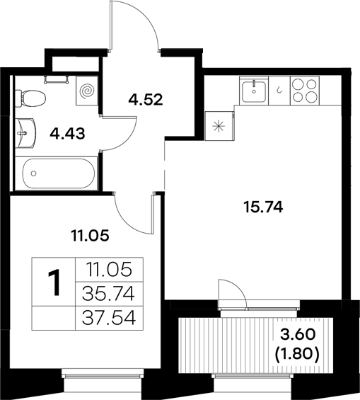 Планировка — Московский, 1-комн., 36 м²