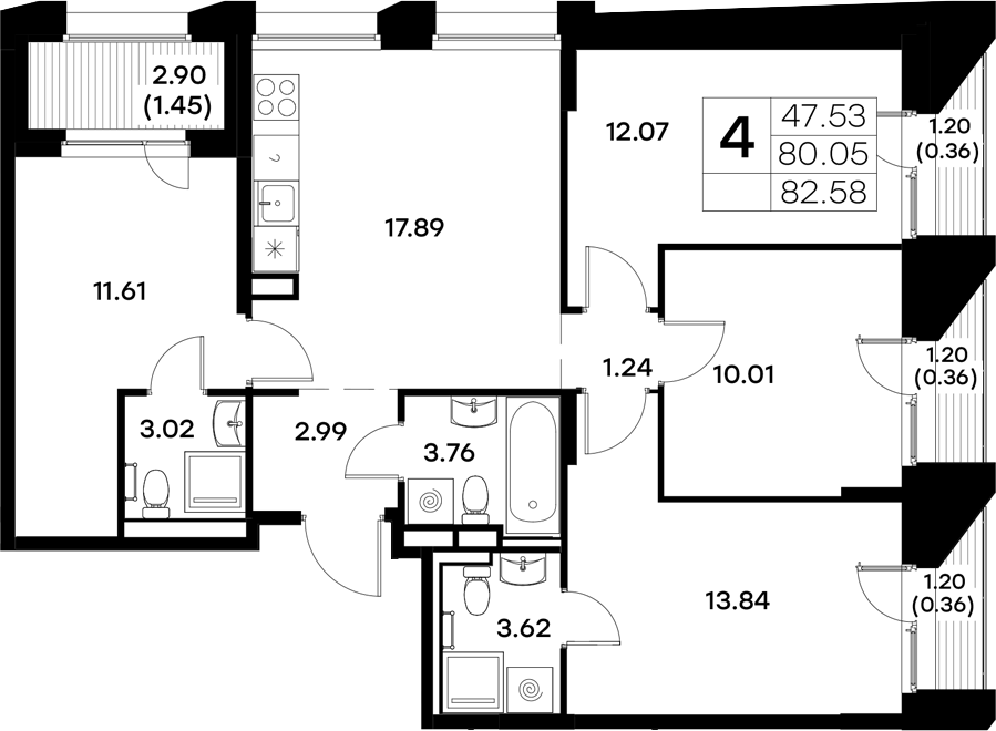 Планировка — Московский, 4-комн., 80 м²