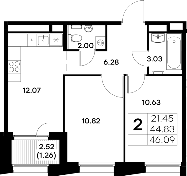 Планировка — Московский, 2-комн., 45 м²