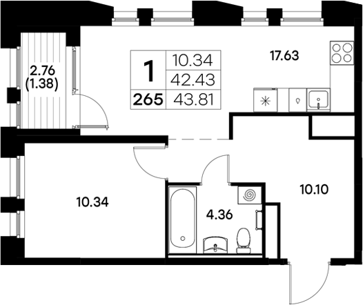 Планировка — Московский, 1-комн., 42 м²